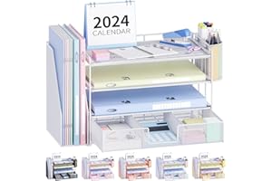 OPNICE Desk Organizers and Accessories, Desk Accessories & Workspace Organizers for Office Supplies, File Organizer Desk Drawer Organizer with 2 Pen Holders, 4 Tier Paper Organizer for Desk(White)