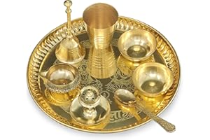 BENGALEN Brass Pooja thali Set 8 Inch with Pital Plate Glass Spoon Ghanti Bowl Agarbatti Stand Kuber Diya Puja Thali for Diwali Home Mandir Office Wedding Return Gift Items