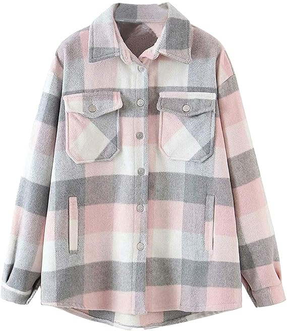 Buy Womens Wool Blend Plaid Lapel Button Down Short Pocketed Shacket
