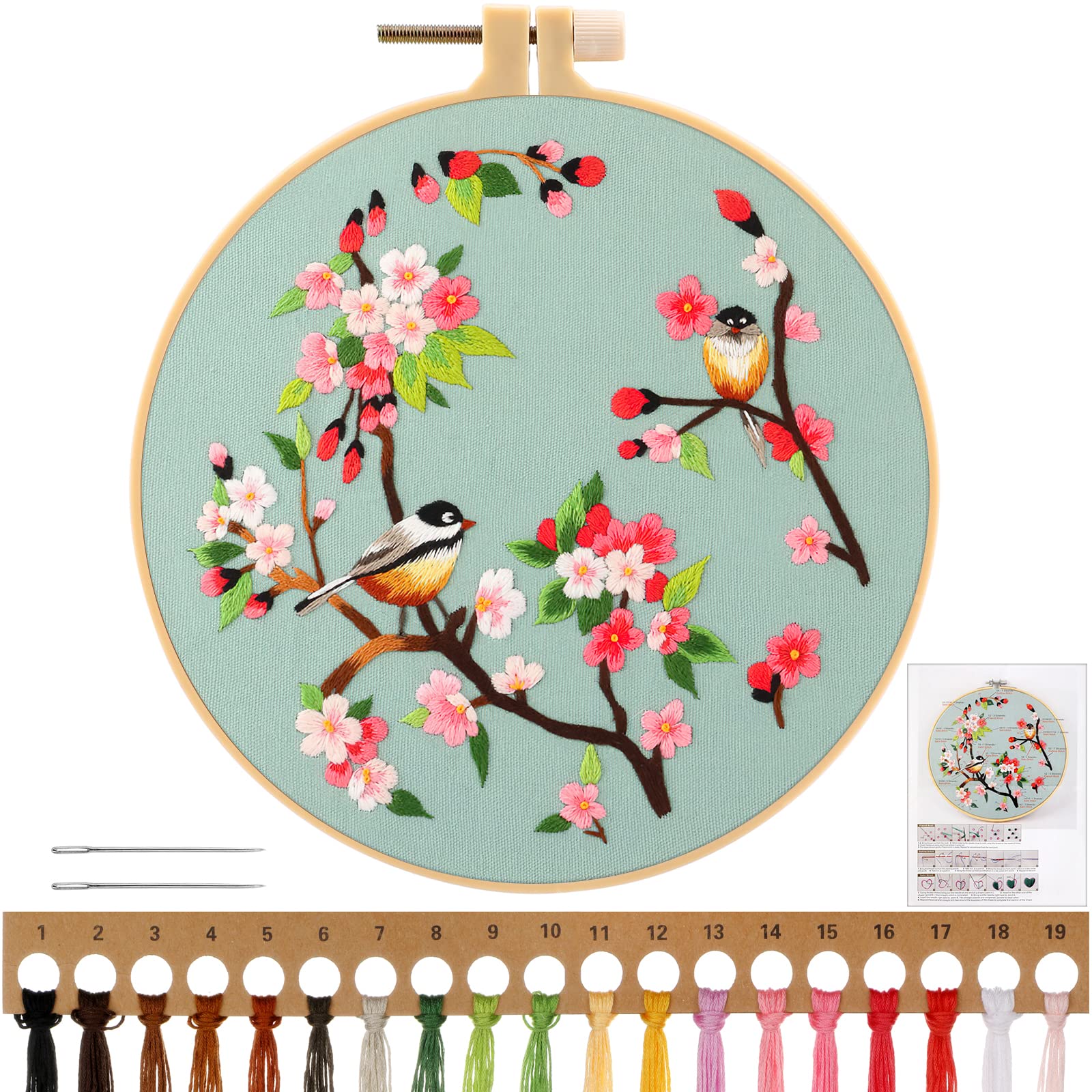MWOOT DIY Green Embroidery Starter with Kit Bird and Flower Pattern,Cross Stitch Stamped Embroidery Kit for Adults Beginner