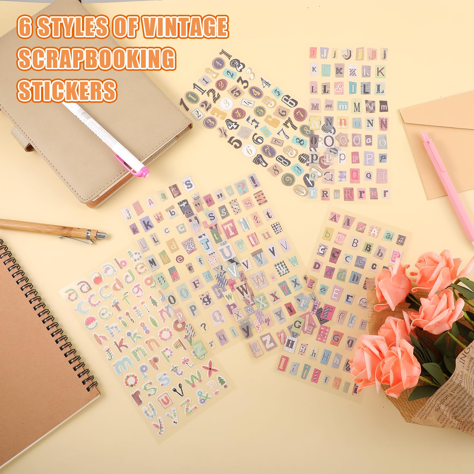 24 Sheet Vintage Scrapbook Stickers, Cute Alphabet Number Stickers, Scrapbook Sticker Graffiti, Self Adhesive Decals Supplies for Scrapbooks, Notebook, Classroom Decor, Door, Mailbox, Water Bottle
