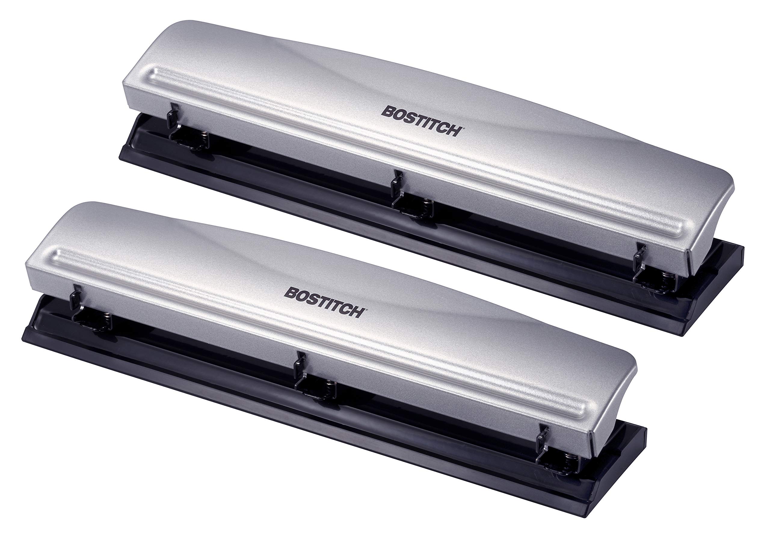 Photo 1 of Bostitch Office Premium 3 Hole Punch, 12 Sheet Capacity, Metal, Rubber Base, Easy-Clean Tray, Silver, 2-Pack