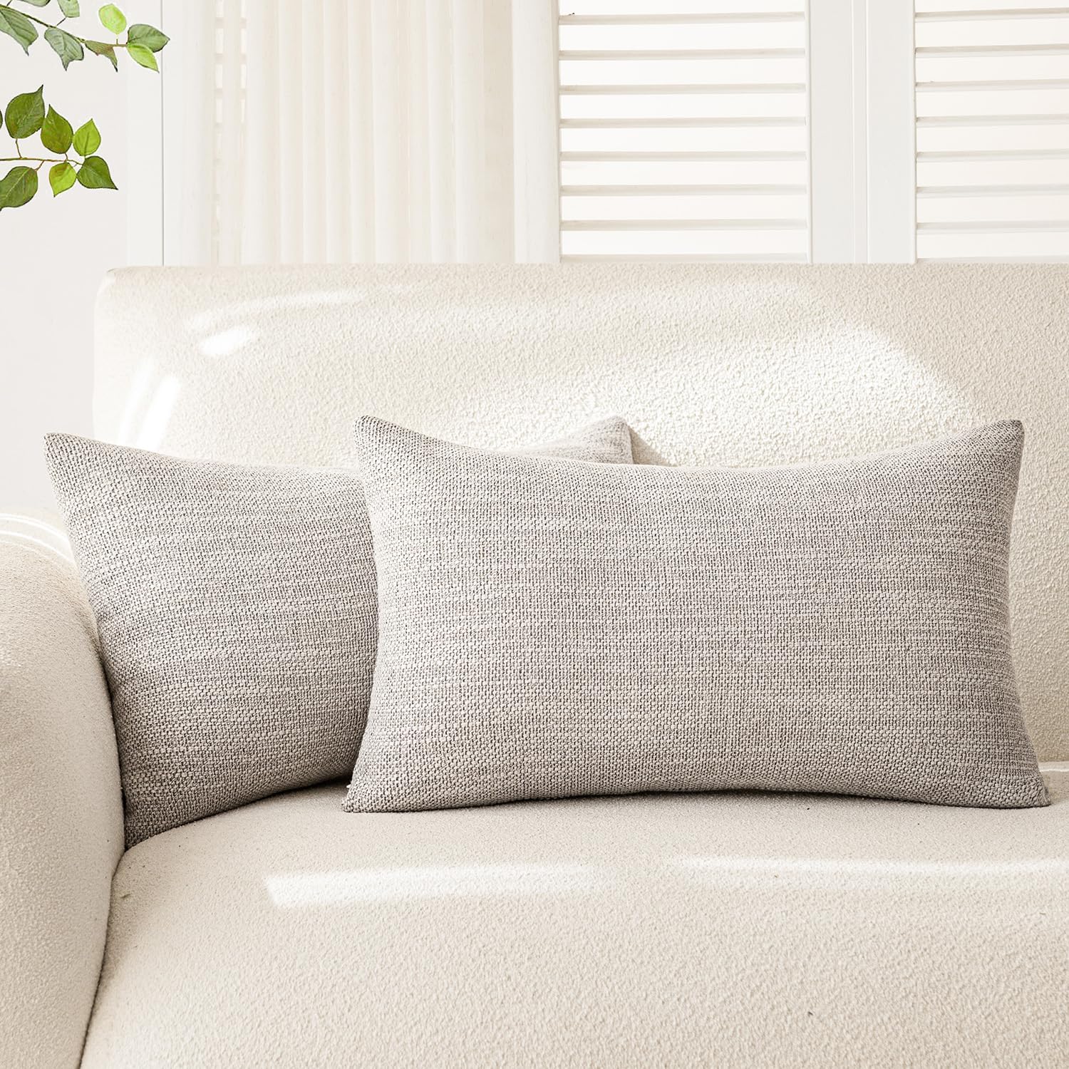 Foindtower Set of 2 Decorative Textured Burlap Linen Throw Pillow Covers Farmhouse Boho Lumbar Cushion Cover Solid Accent Pillowcase for Couch Sofa Bed Living Room Home Decor,12×20 Inch,Gray White
