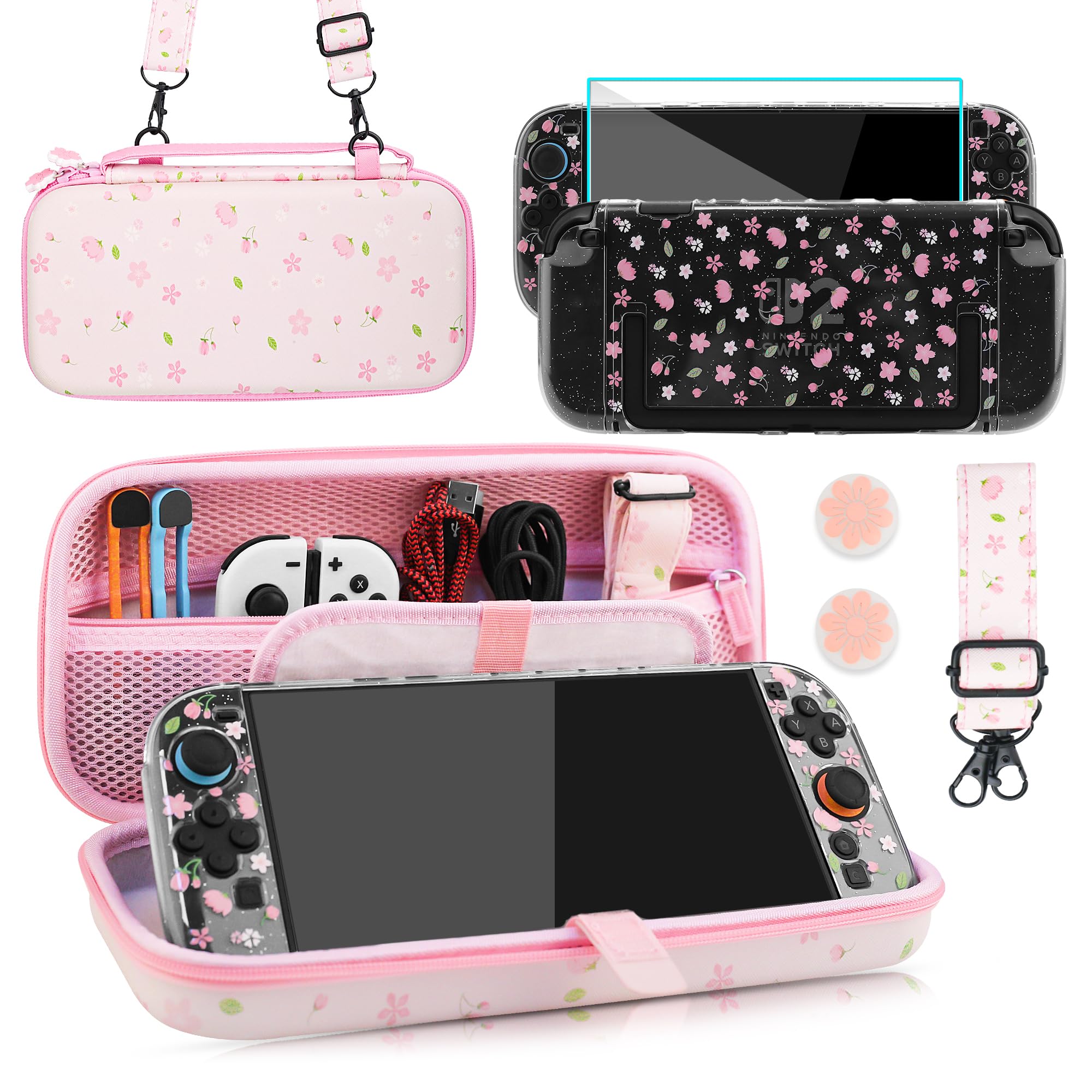 PAWDIARY Pink Sakura Carrying Case Compatible with Nintendo Switch 2 2025, with Hardshell Switch 2 Protective Cover Skin, HD Screen Protector, Shoulder Strap & 2 Thumb Caps - Cute Girly