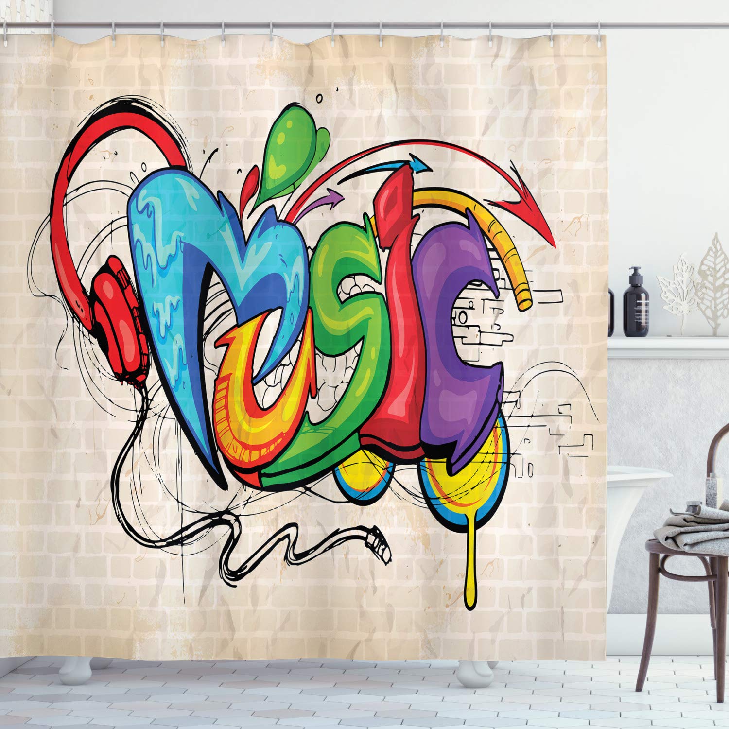 ABAKUHAUS Music Shower Curtain, Illustration of Graffiti Style Lettering Headphones Hip Hop Theme on Beige Bricks, Cloth Fabric Bathroom Decor Set with Hooks, 86 Inches Extra Long, Multicolor