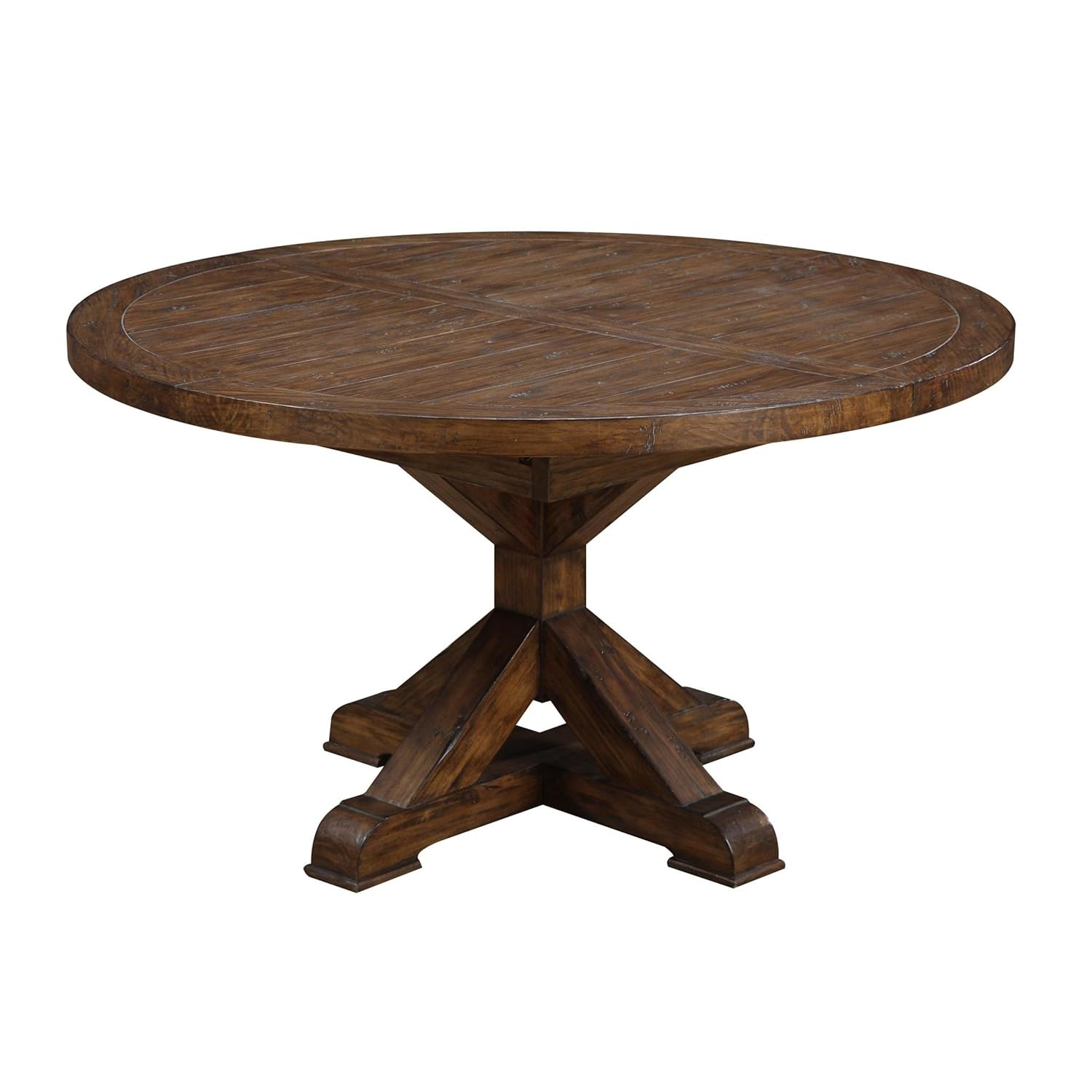 Emerald Home Chambers Creek Brown Round Dining Table with Extension Leaf And Farmhouse Trestle Base