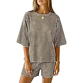 LOMON Two Piece Sets for Women Summer 3/4 Sleeve Tops and Elastic Waist Shorts Pajamas Cute Comfy Soft Lounge Striped Pjs