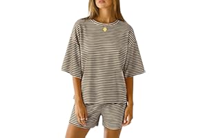 LOMON Two Piece Sets for Women Summer 3/4 Sleeve Tops and Elastic Waist Shorts Pajamas Cute Comfy Soft Lounge Striped Pjs