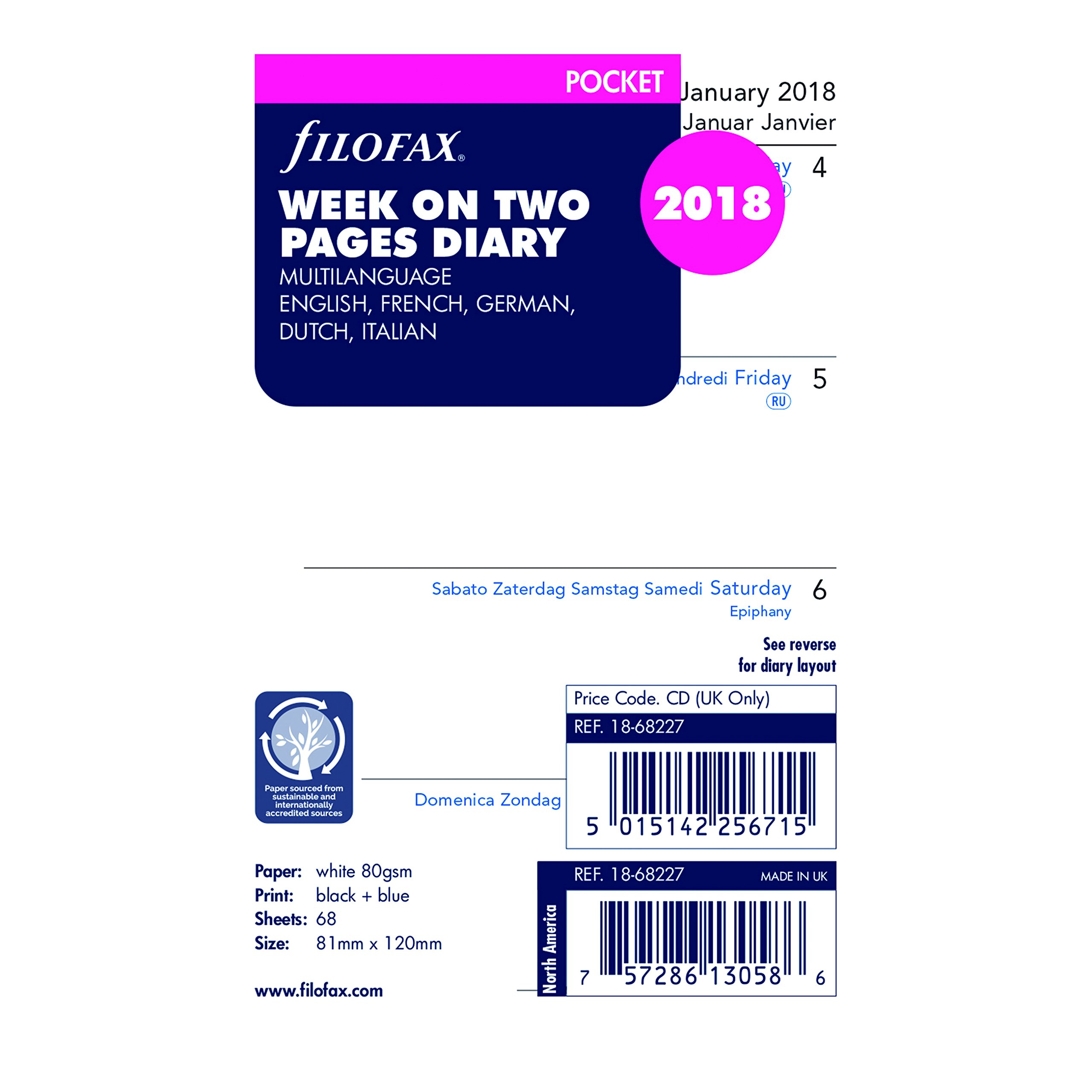 Filofax 2018 Pocket Week to View Refill, Jan 2018- Dec 2018, 4.75 x 3.25 inches (C68227-18)