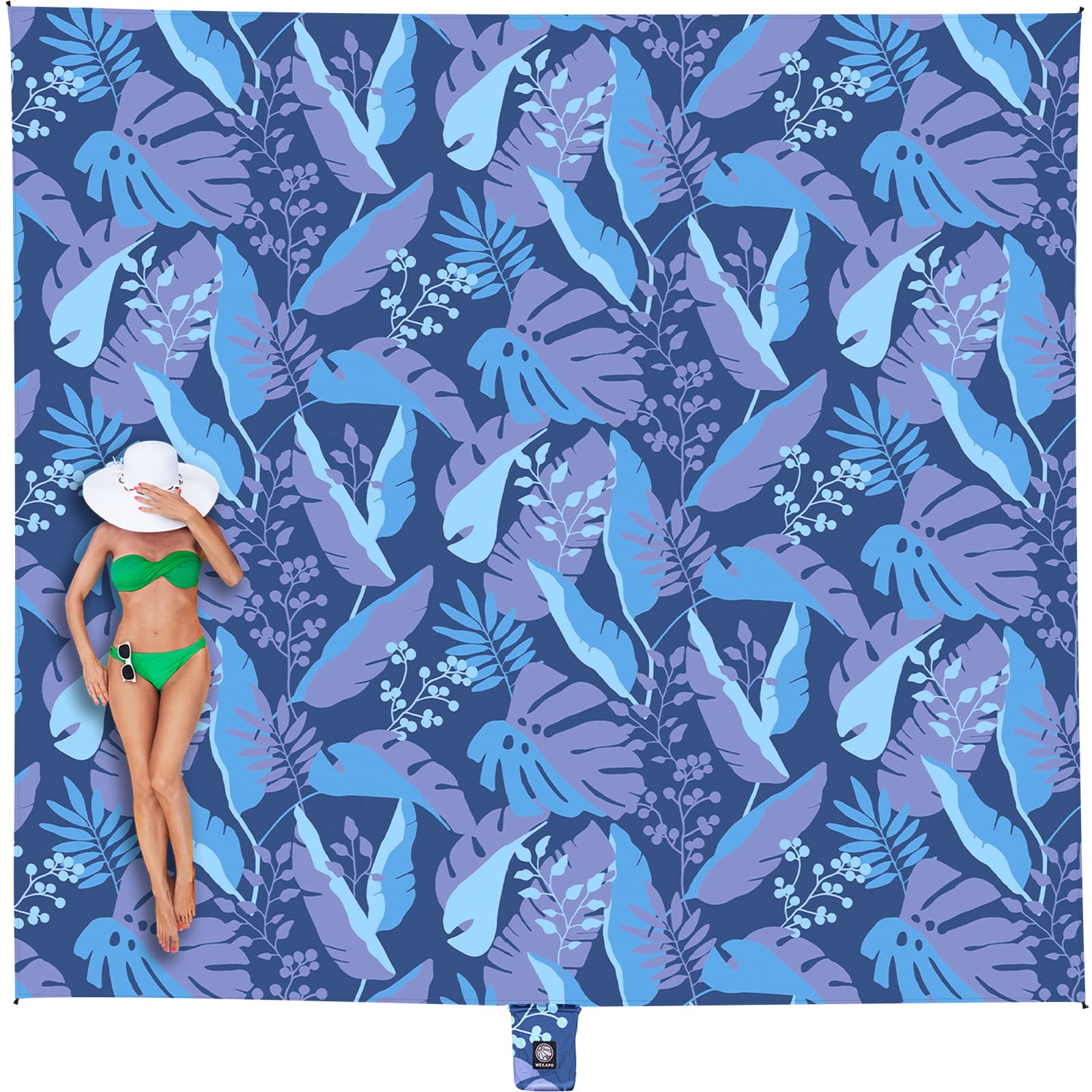 Photo 1 of WEKAPO Beach Blanket Waterproof Sandproof Oversized, Extra Large Beach Mat Sand Free, Lightweight & Compact Sand Free Mat with 6 Stakes & 4 Corner Pockets (Blue Leaf, 8 x 7 FT (1?4 Person))