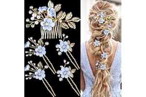LAPOHI 5 PCS Bridal Flower Wedding Hair Pins Crystal Pearl Hair Clips Headpiece Gold Wedding Hair Accessories Jewelry with Rhinestone for Brides Bridesmaids Women Girls Updo, Special Cream Blue