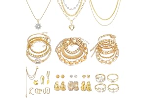 KISS WIFE Gold Jewelry Set for Women, Multi Layered Necklaces Stackable Bracelets Knuckle Rings and Hoop Earrings Sets, Fashion Vacation Jewelry Costume Jewelry Packs