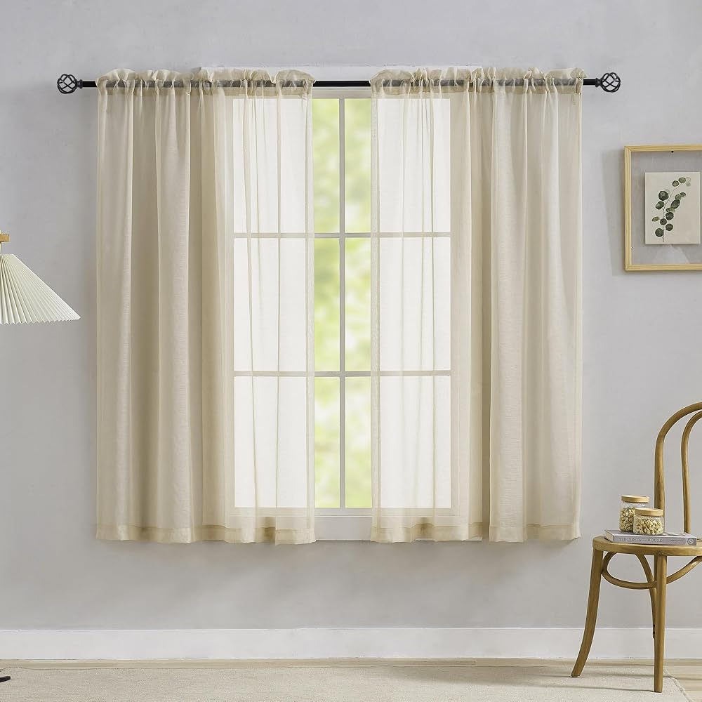 Home Brilliant Short Linen Look Sheer Curtains 2 Panels 54x45 Inch