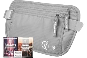 VANTAMO Money Belt For Travel Hidden, RFID Protected Waist Wallet, Fits Passport & Phone with cover, Includes 2 Global Recovery Tags (Regular, Light Gray)