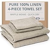 Thing Stories 4-Piece 100% Linen Towels Set - 2 Bath Towels Set, 2 Hand Towel Sets - Natural Fiber Waffle Towels for Bathroom Thin Pre-Washed Lightweight Quick-Dry Absorbent
