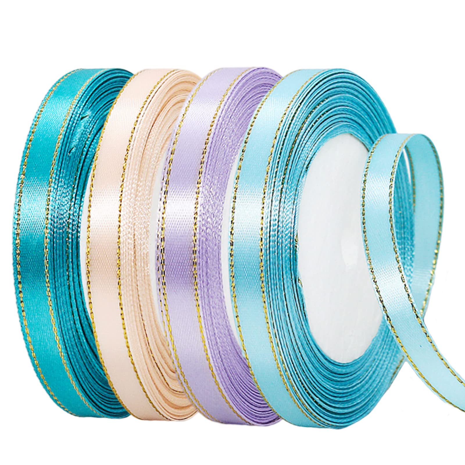 YAAVAAW 4 Rolls Blue,Baby Blue,Purple,Ivory Ribbon 10mm for Gift Wrapping 22M, Double Sided Thick Satin Ribbon for Crafting Cake Ribbon,Hair Bow Ribbon,Balloon,Christmas Decoration,Wedding Car Ribbon