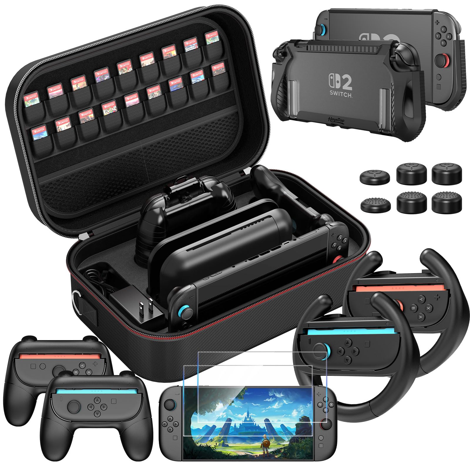 HEYSTOP Case for Nintendo Switch 2 Accessories Bundle with Switch 2 Dockable Protective Cover Switch 2 Tempered Film,Switch 2 Racing Wheels Joycon Grip Cover for Nintendo Switch 2 Controller