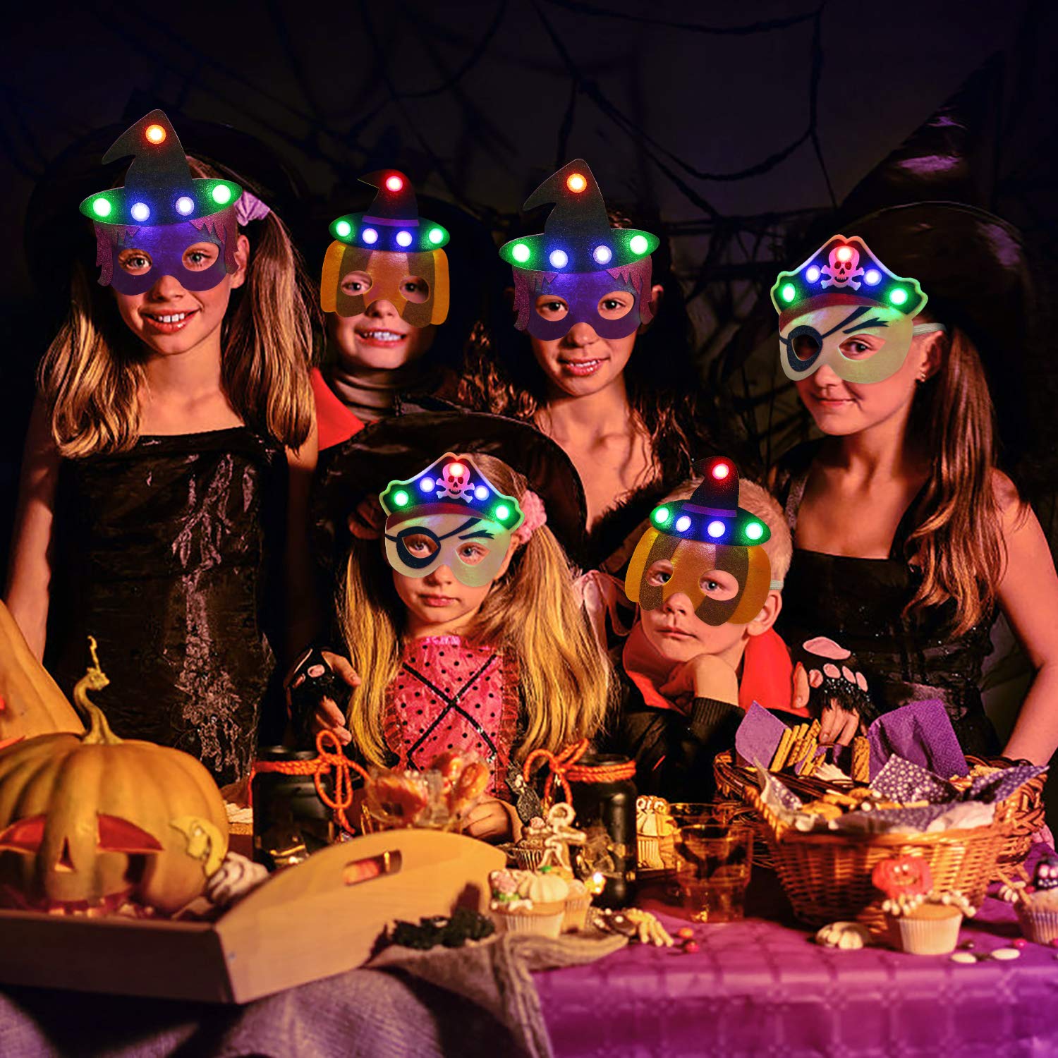 ZOYLINK Halloween Mask Kids Mask Felt Mask, LED Mask cosplay Mask Party Mask for Carnival Birthday Party Costume Ball to Play Pumpkin Pirate Witch Mask (6 Pack)