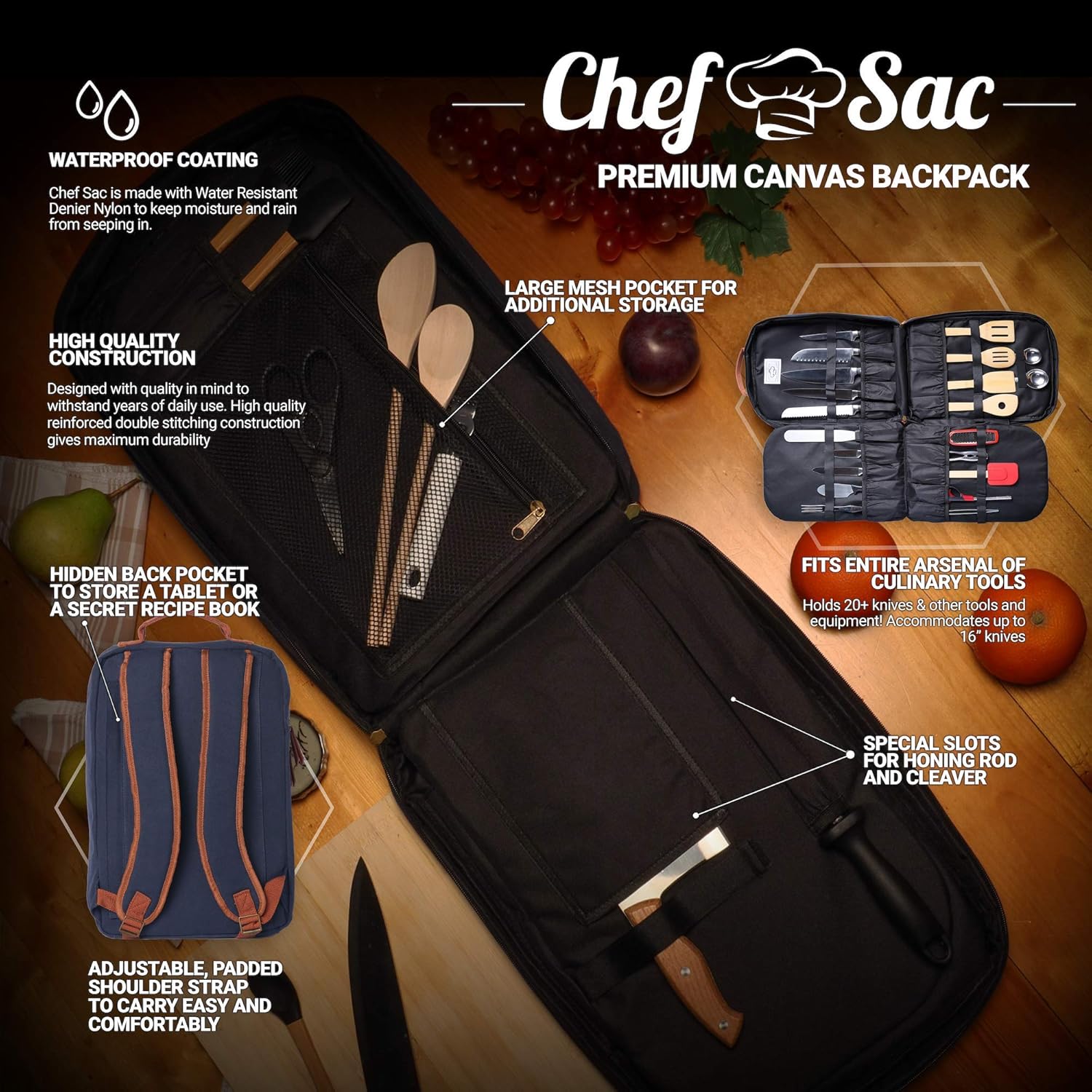 Chef Knife Bag Retro Backpack | 20+ Slots for Knives and Chef Tools | Knife Carrying Case with Hidden Back Pocket for Tablet | Sturdy Knife Bags For Chefs & Culinary Students | Premium Canvas (Blue): Kitchen & Dining