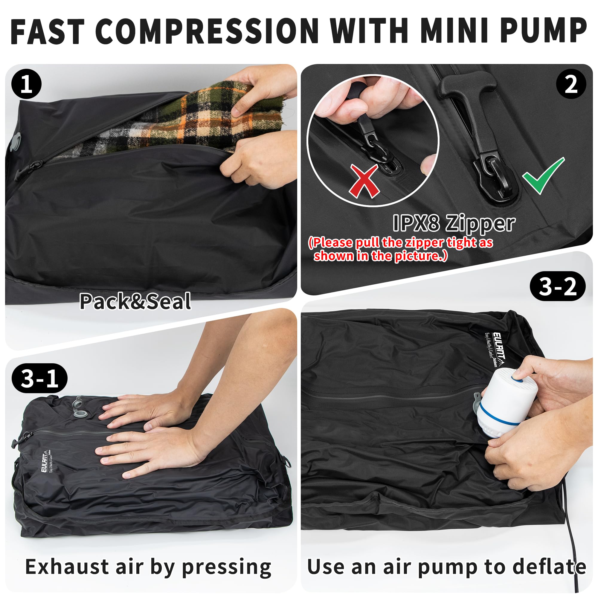 EULANT Wasserdicht Vakuumbeutel für Reisen mit Pumpe, Wiederverwendbare Kompressionsbeutel für Koffer/Gepäck/Rucksack, Vakuumversiegelungsbeutel mit IPX8 Luftdichtem Reißverschluss, Schwarz*2 5