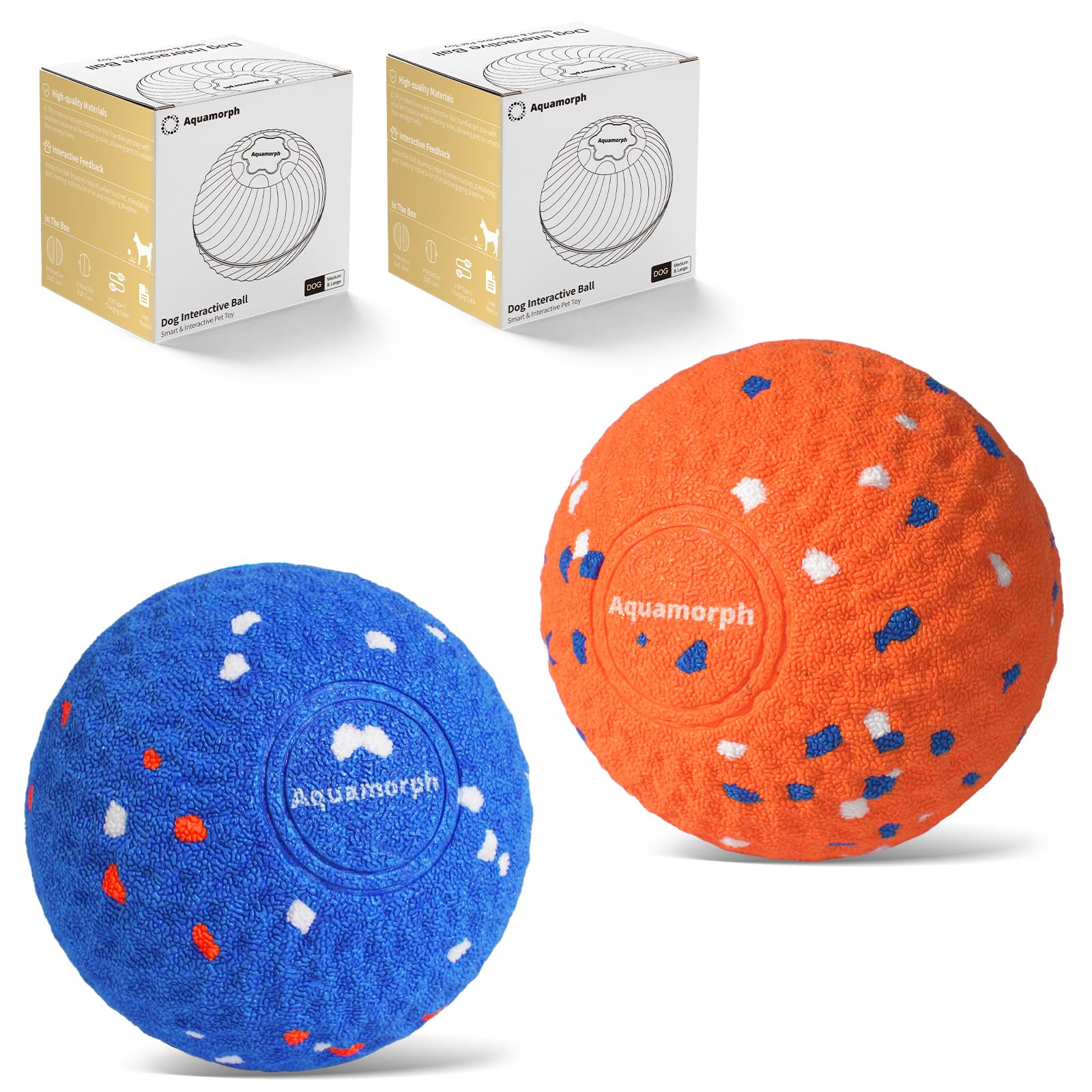 Photo 1 of Aquamorph 2 Pack Interactive Dog Balls - Auto Moving Bouncing Vibrating Washable Dog Toys for Large Medium Dogs, Type-C Rechargeable, Blue and Orange, Grid Pattern