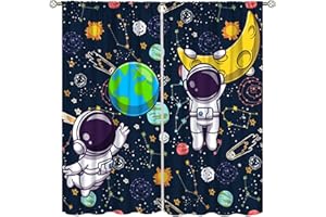 LLYLUMTY Astronaut Curtains for Boys Bedroom,Space Cartoon Funny Spaceman with Earth Moon Rod Pocket Window Treatment Insulated Drapes Decor Curtain for Bedroom Living Room Nursery 21x45in,2 Panel Set