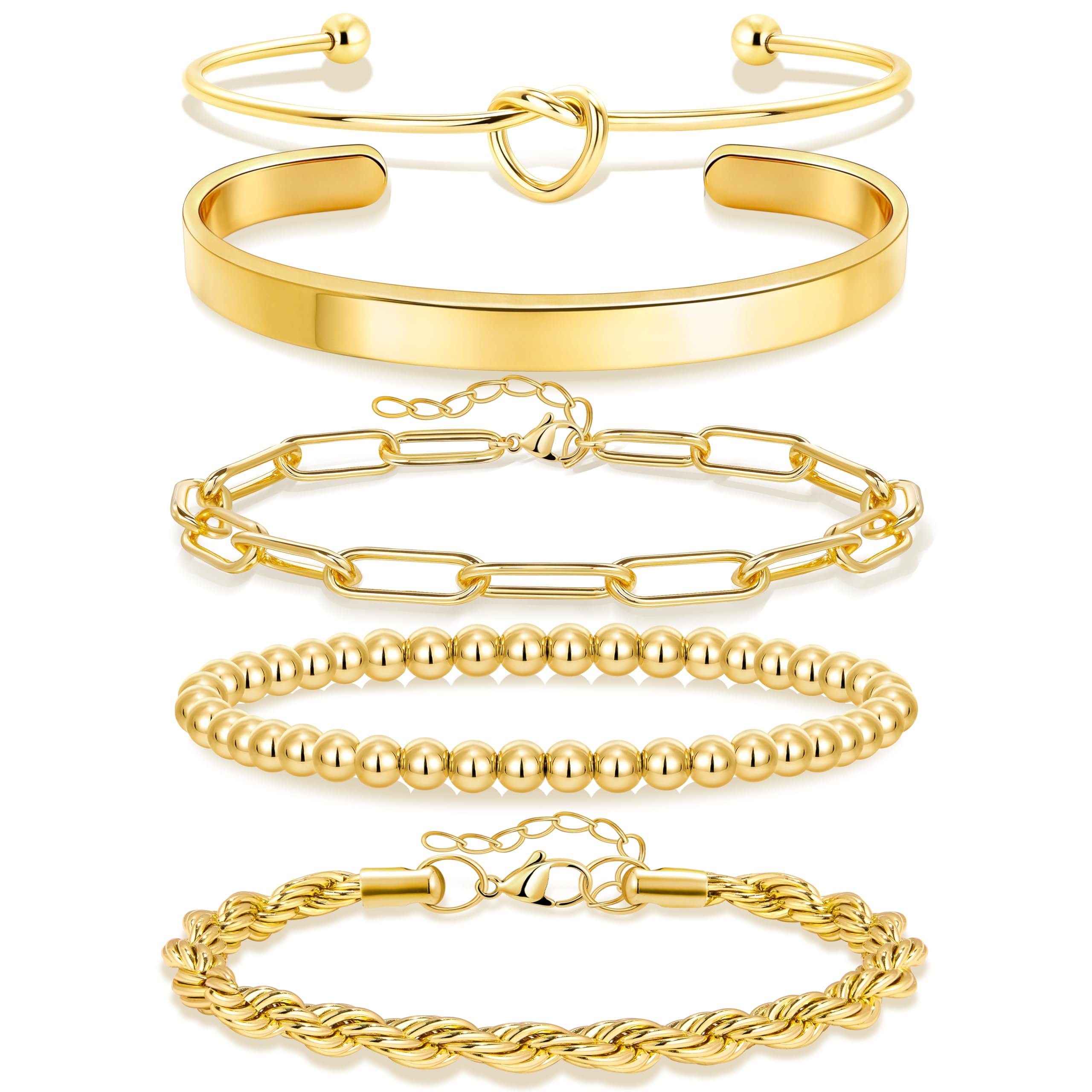 Gold Bracelets for Women Non Tarnish, 14K Gold Plated Chunky Cuff Bracelet Gold Bangles Bracelet for Women Trendy Tie Knot Cuban Rope Paperclip Beaded Bracelet Stack Jewelry Gifts