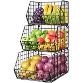 3-Tier Stackable Wire Baskets, Fruit and Vegetable Storage for Counter | Wall-Mount Potato and Onion Storage Bin, Metal Produ