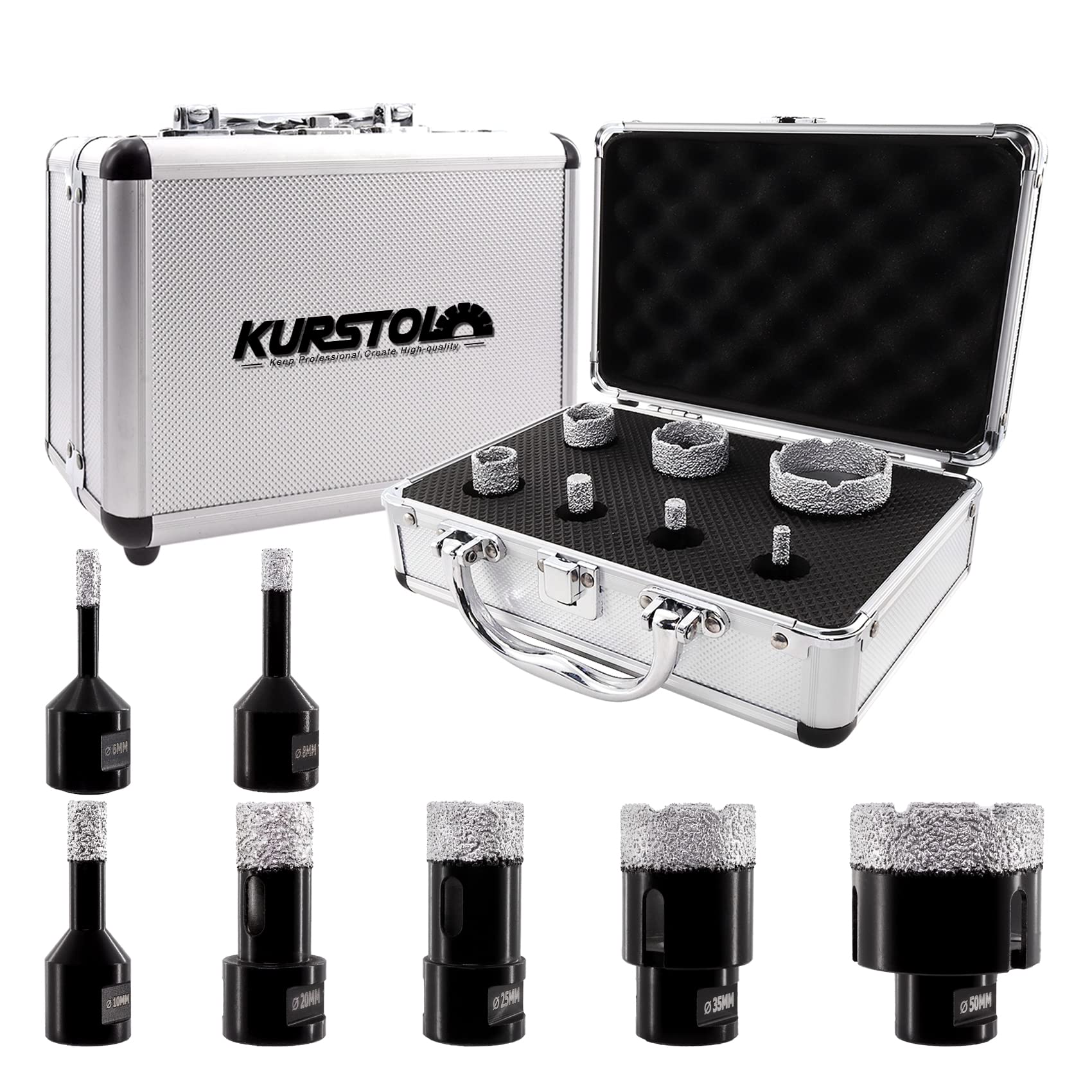 KURSTOL Diamond Core Drill Bit Set - 7pcs 6/8/10/20/25/35/50mm Hole Saw Kit M14 thread for Dry Drilling Porcelain Ceramic Tile Granite Marble Stone Angle Grinder