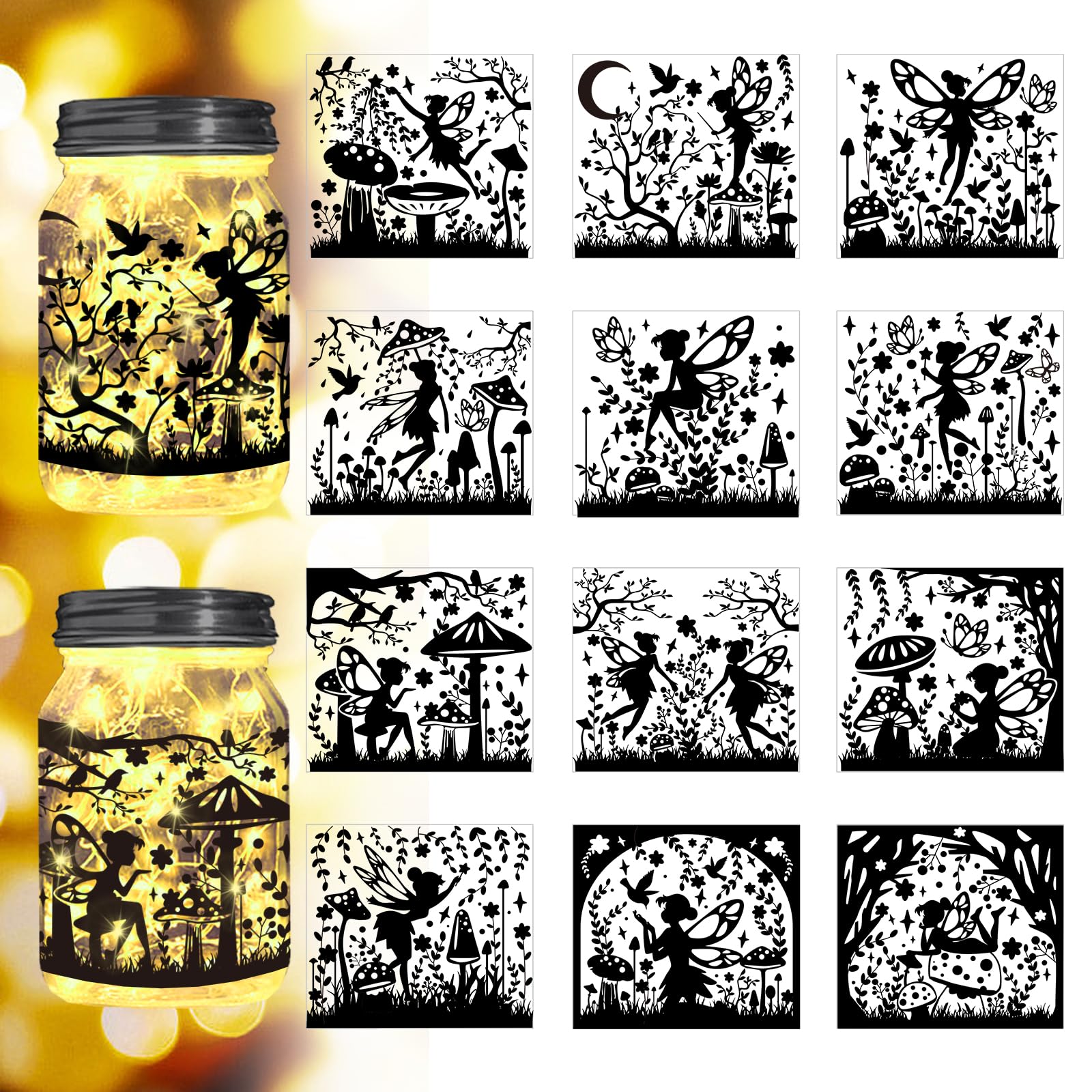 Peacoblue Flower Fairy Silhouette Stickers Cutouts for Jars, Mason Can, Glass, Wishing Bottle Decor(No Stickers), 12Pcs Reusable Silhouette Lantern DIY Craft Kit Jar Decals Art Mural Garden Home Decor