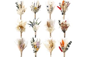 Hoemwarm 12 Set Boho Mini Dried Flower Bouquet,Mini Flower Bouquet Wedding Natural Handmade Dry Flowers Eucalyptus Centerpieces Boutonniere for Men Bridesmaid Flower Gir Crafts DIY Wedding Decor