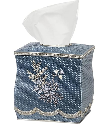 OHEGBXE Square Leather Tissue Box Cover - Blossoming Almond Tree Design, 5.2" Cube For Vanity