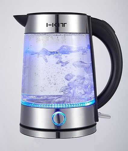 I-KIT 1.7L Glass Electric Kettle Stainless Steel and Glass Fast Boiling Water Electric Kettle Transparent Glass Body Auto-Switch Off LED Lights - 360 Easy Fit Cordless Electric Kettle