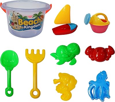 Juguetes para niños: Cubos de Playa con 9 piezas (Cubo, pala, rastrillo, cangrejo, pulpo, velero, regadera…)