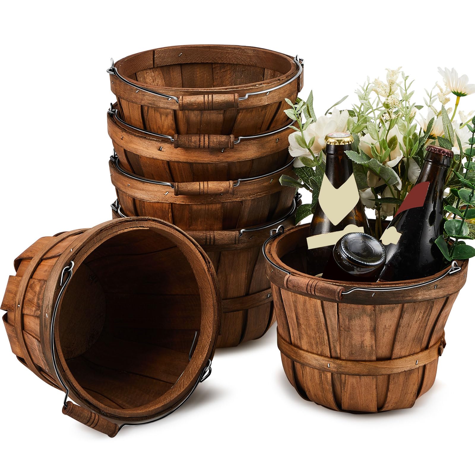 Photo 1 of 6 Pcs Round Wooden Apple Baskets Small Bushel with Handles for Gifts Empty Harvest Basket fruit Buckets for Garden Picking Strawberry Fruits Flowers Crafts Easter Home Wedding Party Decor