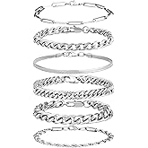 YATOJUZI 6 Pcs Stainless Steel Bracelets for Men Bracelets for Men Cuban Link Bracelet Rope Paperclip Snake Chain Bracelet Set 7.5/8.3/9 Inches Mens Metal Accessories