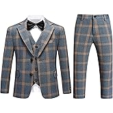 Boys Slim Fit Suit Tuxedo for Boy Check Plaid 3 Piece Suit Set for Kid Formal Boys Dress Clothes Wedding Ring Bearer Outfit