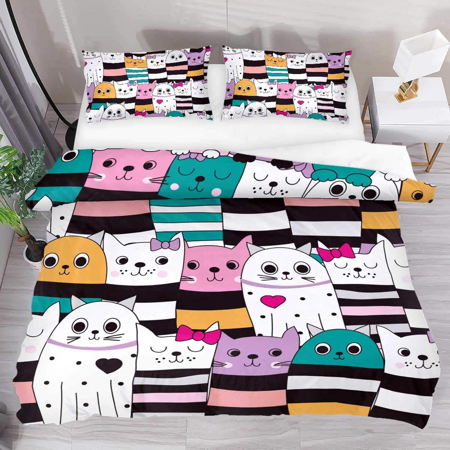 Josid Cute Cats Ranking Pattern Stripes Duvet Cover, 100 Washed Tencel