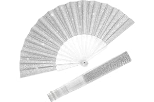 EOSAU Glitter Folding Hand Fans for Women Foldable Handheld Clack Fans for line Dancing, Wedding, Church, Festival, EDM, Party, Club, Rave Accessories (9" Silver 01)