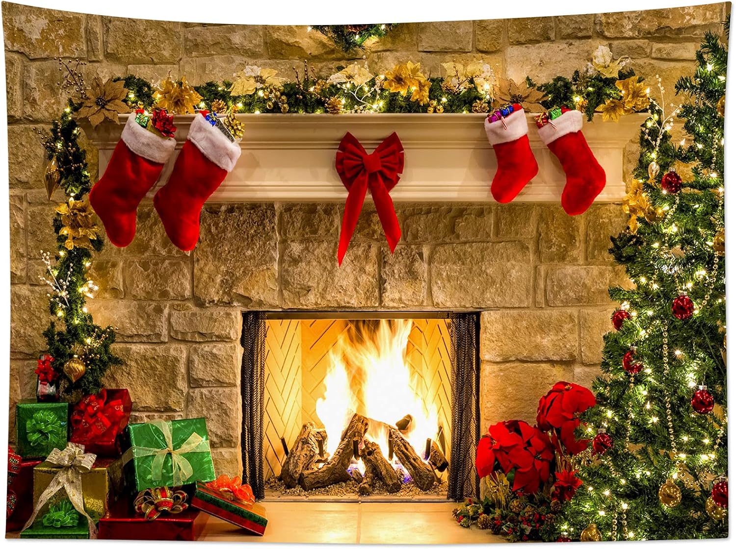 Tapestries - HVEST Christmas Fireplace Tapestry Wall Hanging Christmas Tree with Christmas Stocking Decor Wall Tapestry Xmas Tapestry Warm Christmas Wall Art for Bedroom Room Dorm Outdoor Decor, 80Wx60H inches