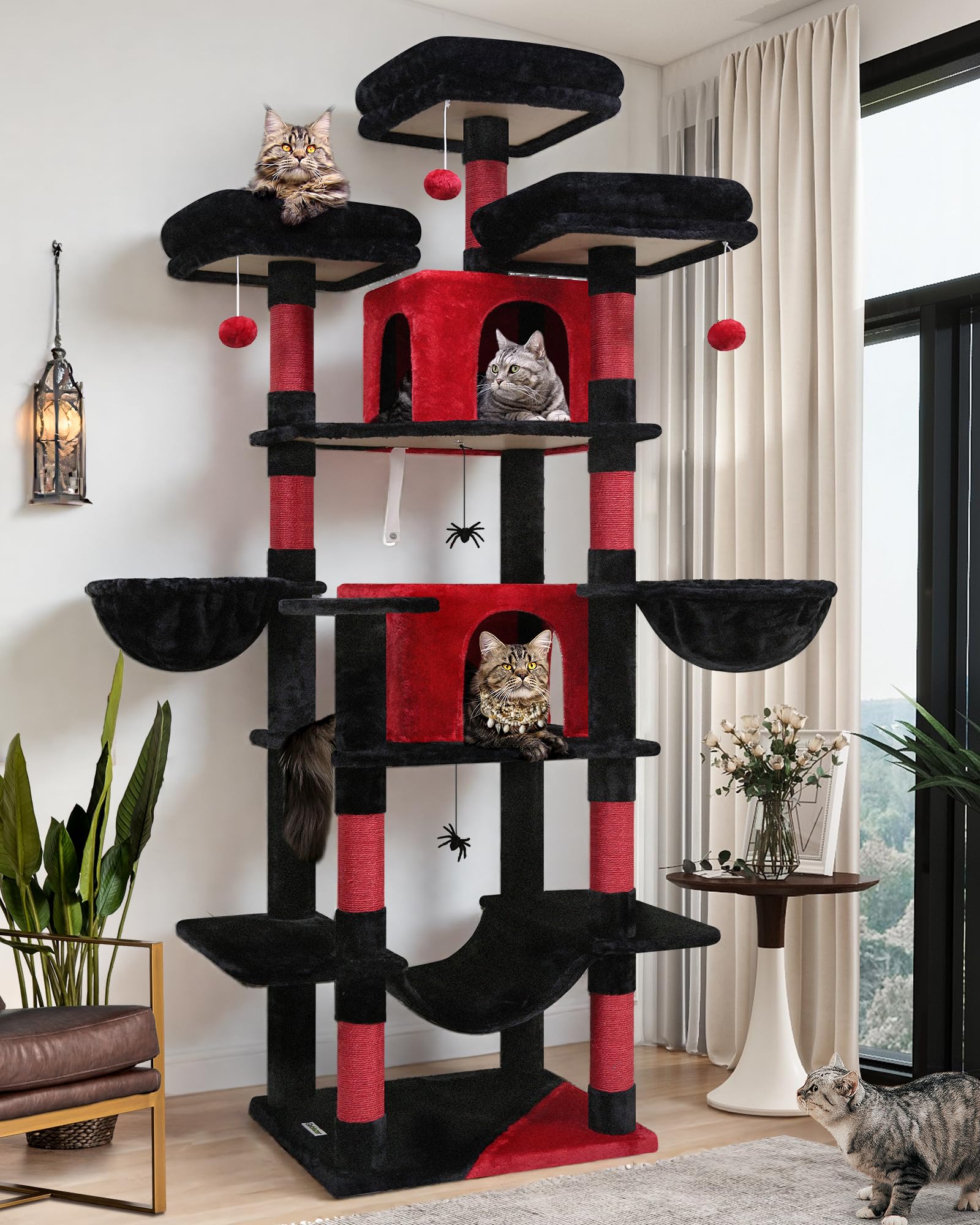 Globlazer Gothic Cat Tree, 80inch Goth Cat Tower for Indoor Cats Multiple Adult Cats XXL Cat Tree Large Cat Tower with Scratching Post, Hammock, 3 Perches, 2 Condos, 2 Hanging Basket, F80, Black Red Image
