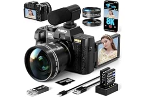 NBDDIGITAL 8K Digital Cameras for Photography 64MP - 16X Zoom Autofocus, WiFi, 180° Flip Screen with Wide-Angle & Macro Lens, Vlogging Camera for YouTube Travel with 64GB TF Card, 2 Batteries & Mic (Black)