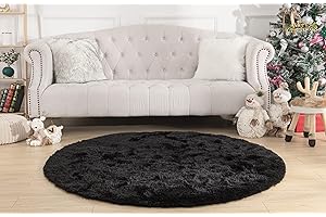 KIXINWA Black Round Rug, 5X5 Feet Fluffy Circle Area Rug for Kids Room Bedroom Living Room Home Decor, Super Soft Cute Non Slip Circular Rug, Shaggy Plush Nursery Carpet