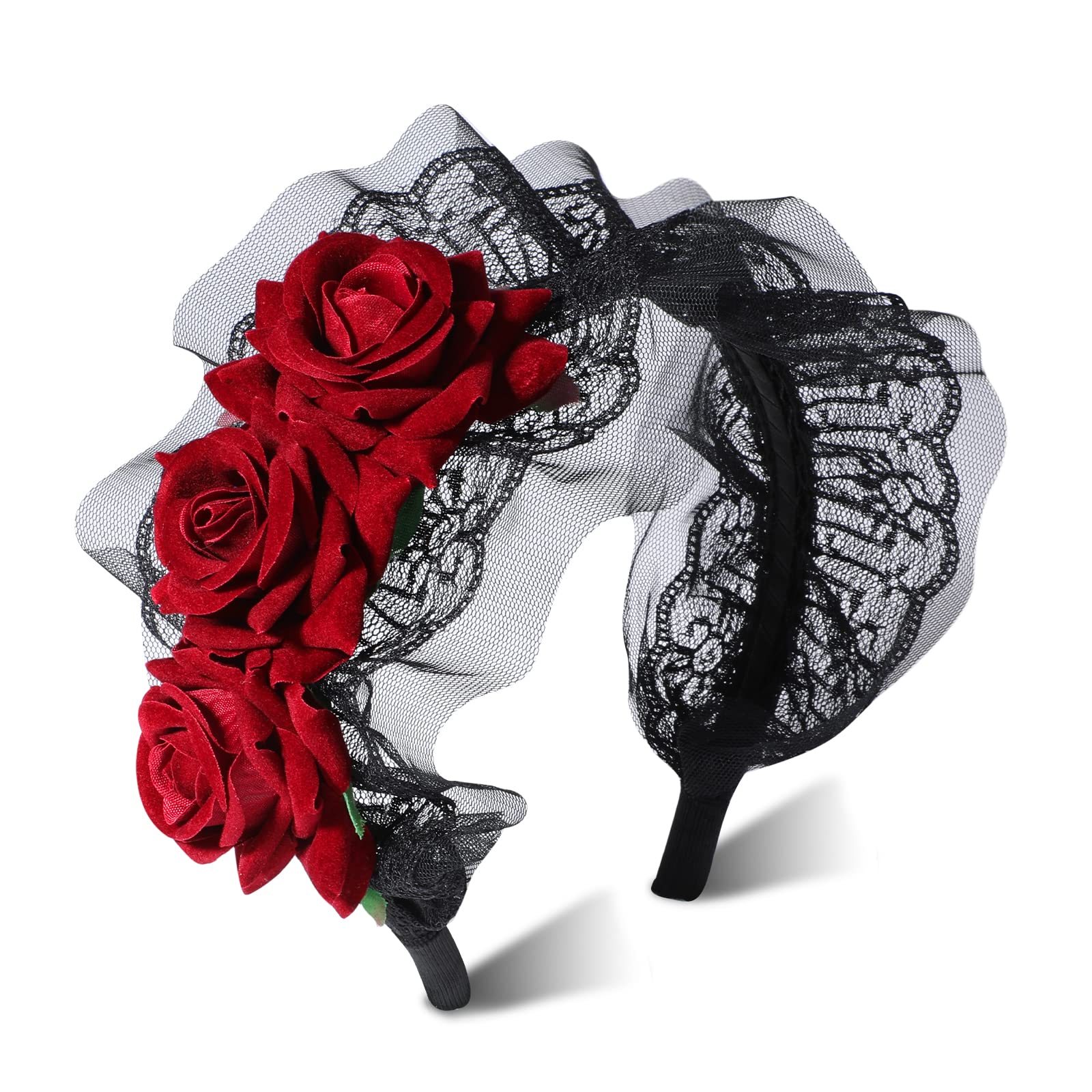 MWOOT Women Red Rose Headband, Floral Headpiece for Halloween Costumes Mexican Day of The Dead Hair Decor, Artificial Flower Hair Hoop, Halloween Gothic Hair Accessories