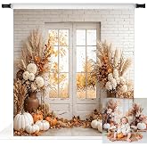 Kate Fall Photography Backdrops Autumn Harvest Pumpkin White Brick Wall Boho Theme Photography Props, 8x8ft