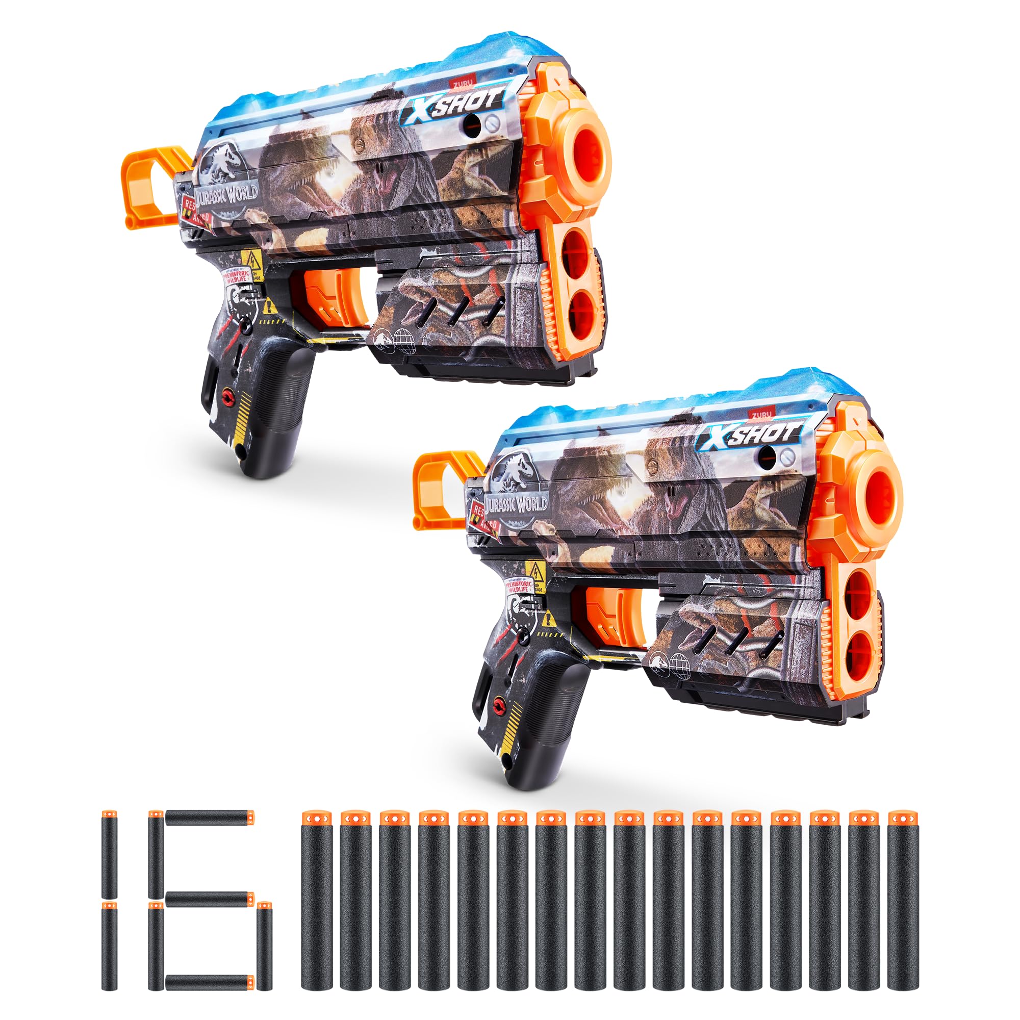 XSHOT Skins Jurassic World, Flux Jurassic, 2 Pack, 16 Darts Included, Air Pocket Dart Technology, Toy Foam Blaster for Kids, Teens and Adults, Brown Box, (Flux Jurassic)