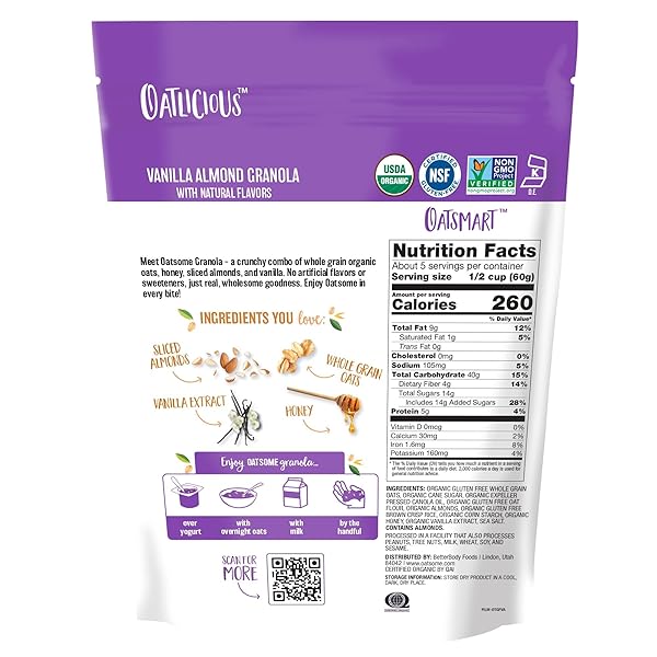 OATSOME VANILLA ALMOND GRANOLA, GLUTEN FREE, NON-GMO, 5G PROTEIN, MADE WITH WHOLE GRAIN ORGANIC OATS, HONEY, ALMONDS, & VANILLA, FOR PROTEIN SNACKS CEREALS BREAKFAST YOGURT, 10 OZ BAG