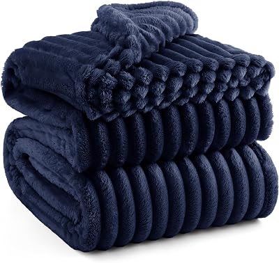 Bedsure Fluffy Fleece Blanket Navy 220x240 cm Double Size Soft Warm Throw