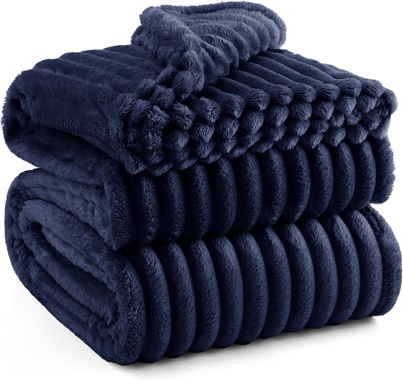 Bedsure Fluffy Fleece Blanket Navy 220x240 cm Double Size Soft Warm Throw