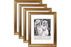 Yaetm 11x14 Gold Picture Frame with Mat for 8x10 Set of 4, 1.4" Wide Molding & Rustic Gold Frame 11 x 14 with Tempered Glass for Wall Gallery, Home and Office, Wall Mount, 4 Pack